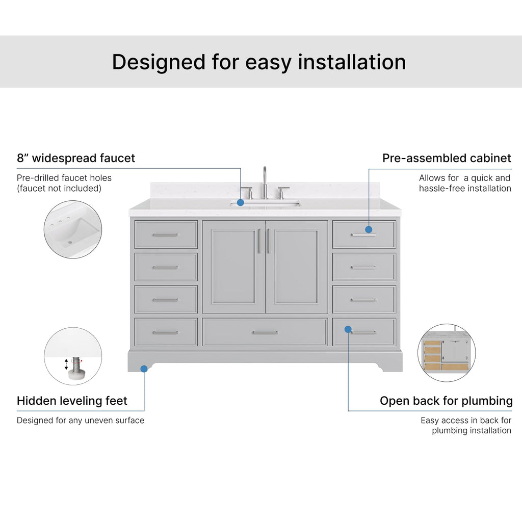 DKB Isabella 60 Inch Bathroom Vanity Single Sink â White Bathroom Vanity with Sink, 1.5" Edge Carrara White Quartz Countertop, Solid Wood, 2 Soft-Close Doors, 8 Dovetail Drawers + Tilt Drawer