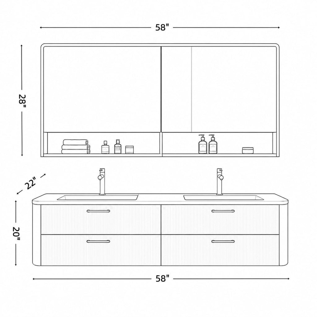 52 in Floating Double Bathroom Vanity with Vessel Sinks & LED Mirror Cabinet