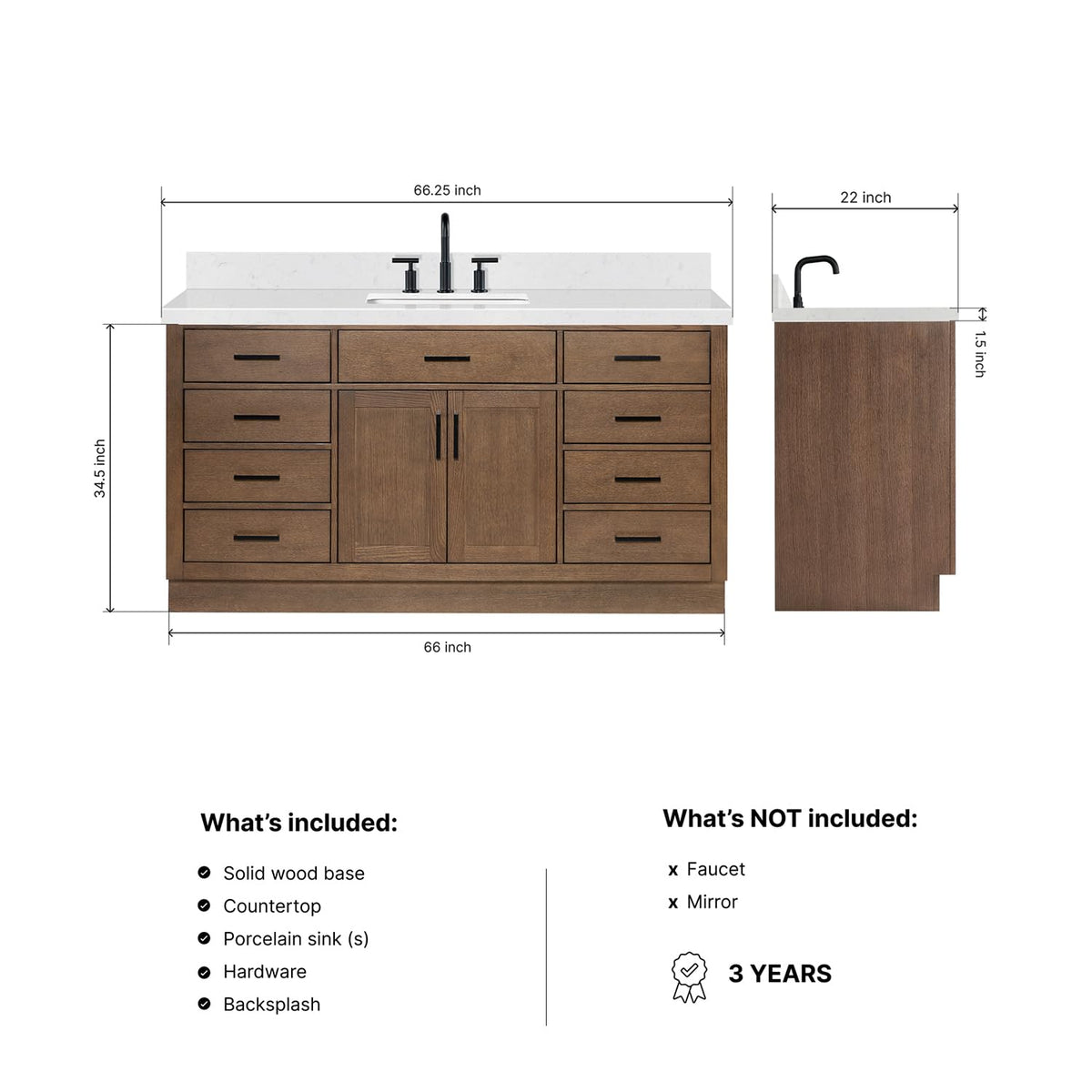 ARIEL Hepburn 66-inch Bathroom Vanity with Sink,Solid Wood, 1.5-inch Pure White Quartz Countertop & Backsplash, Single Rectangular Porcelain Sink, 2 Soft Closing Doors, 9 Dovetail Drawers, White