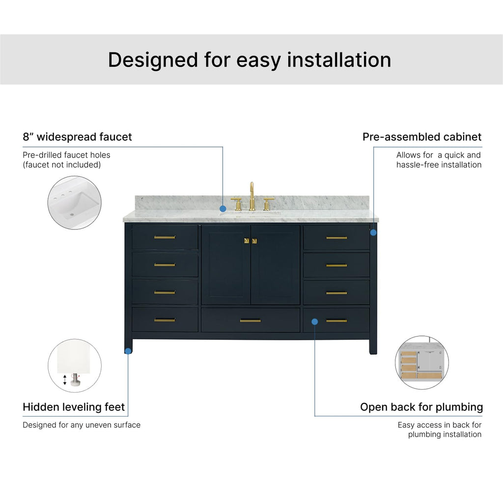 ARIEL Cambridge 66-inch Bathroom Vanity with Sink,Solid Wood, 1.5-inch Italian Carrara Marble Countertop, Single Rectangular Porcelain Sink, 2 Soft Closing Doors, 9 Dovetail Drawers, Midnight Blue