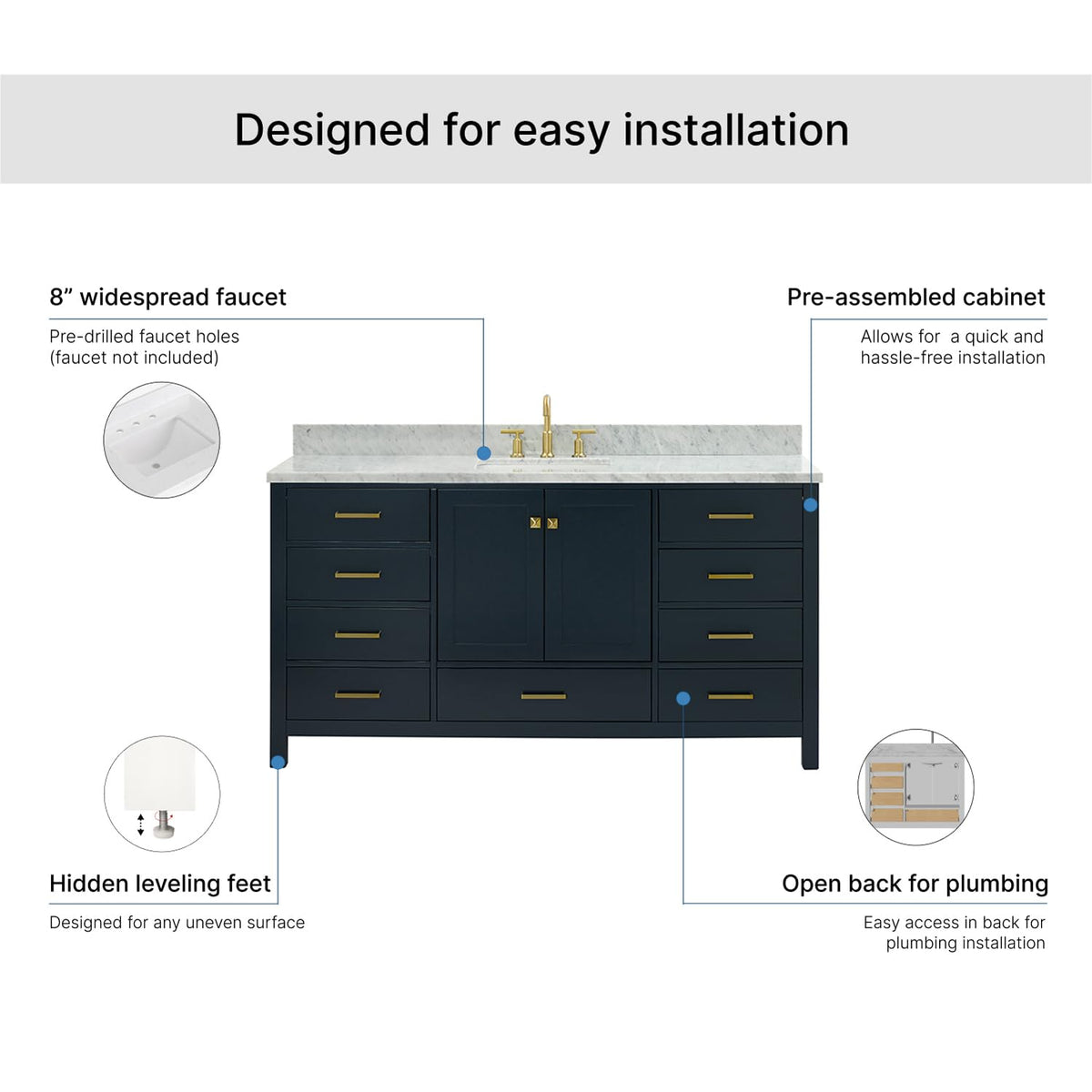 ARIEL Cambridge 66-inch Bathroom Vanity with Sink,Solid Wood, 1.5-inch Italian Carrara Marble Countertop, Single Rectangular Porcelain Sink, 2 Soft Closing Doors, 9 Dovetail Drawers, Midnight Blue