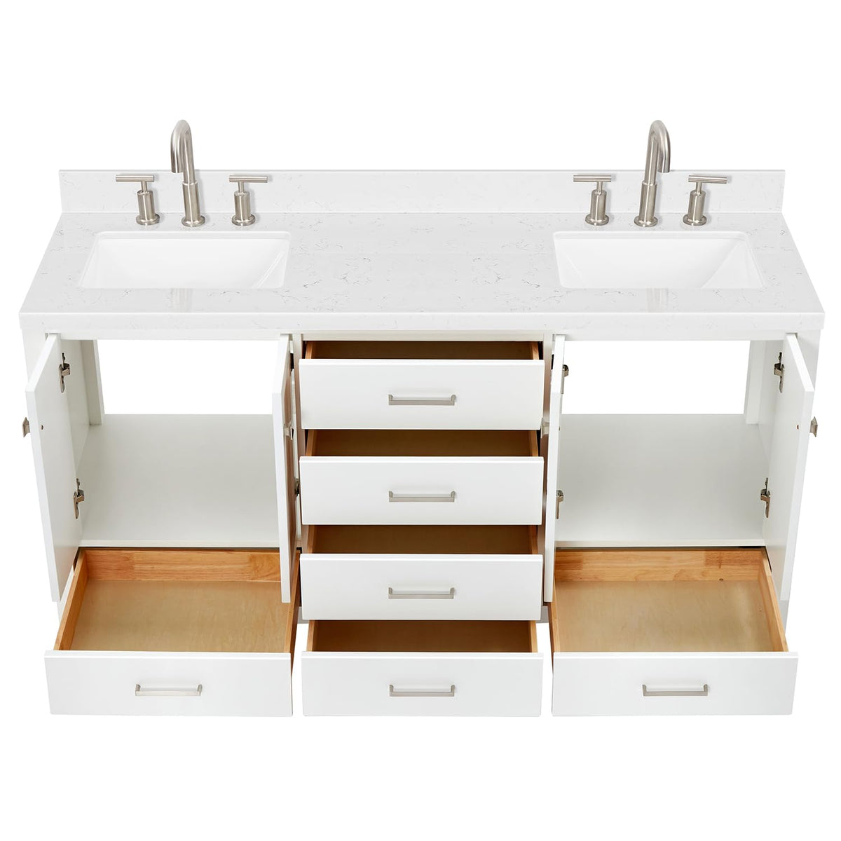 DKB Isabella 66" White Double Bathroom Vanity with 1.5" Carrara Quartz Countertop, Double Rectangular Undermount Sinks, 4 Soft Closing Doors, 6 Dovetail Drawers
