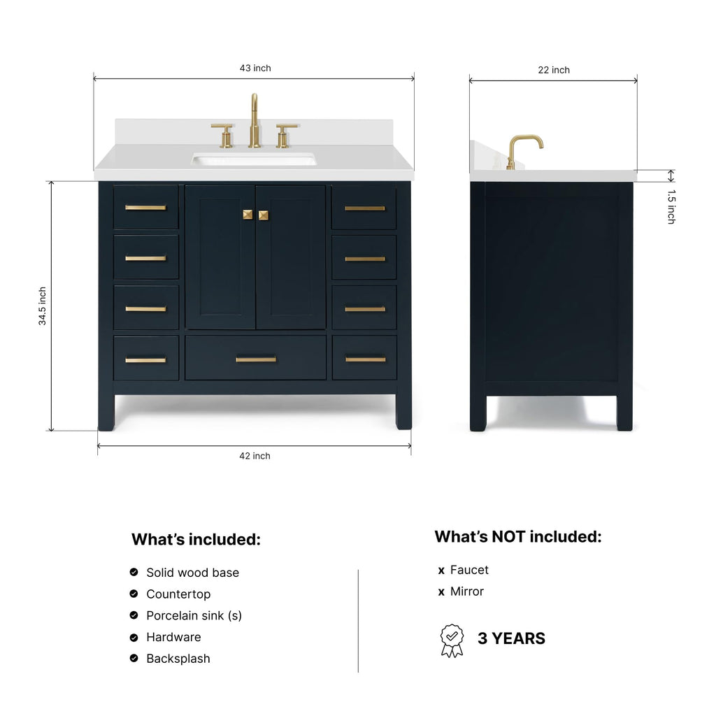 DKB Beckford 42-Inch White Bathroom Vanity with Sink, Solid Wood Base Cabinet, 1.5" White Quartz Countertop, Rectangular Sink, 2 Soft Closing Doors, 9 Drawers