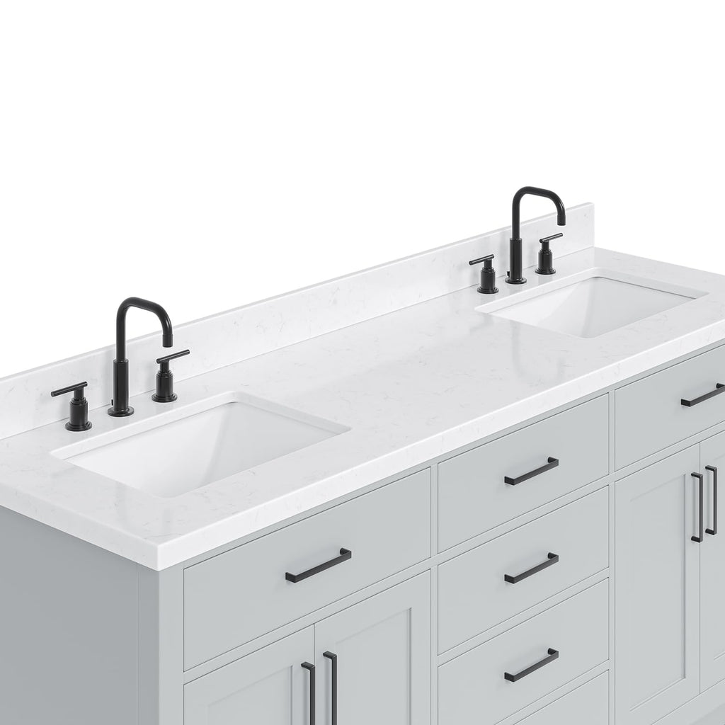 DKB Emilia 72 Inch Bathroom Vanity Double Sink â White Bathroom Vanity with Sink, 1.5" Edge Carrara White Quartz Countertop & Backsplash, 4 Soft-Close Doors, and 6 Dovetail Drawers