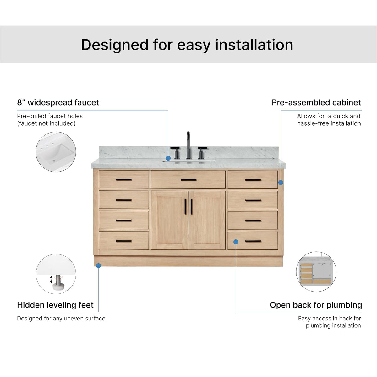 ARIEL Hepburn 66-inch Bathroom Vanity with Sink,Solid Wood, 1.5-inch Pure White Quartz Countertop & Backsplash, Single Rectangular Porcelain Sink, 2 Soft Closing Doors, 9 Dovetail Drawers, White