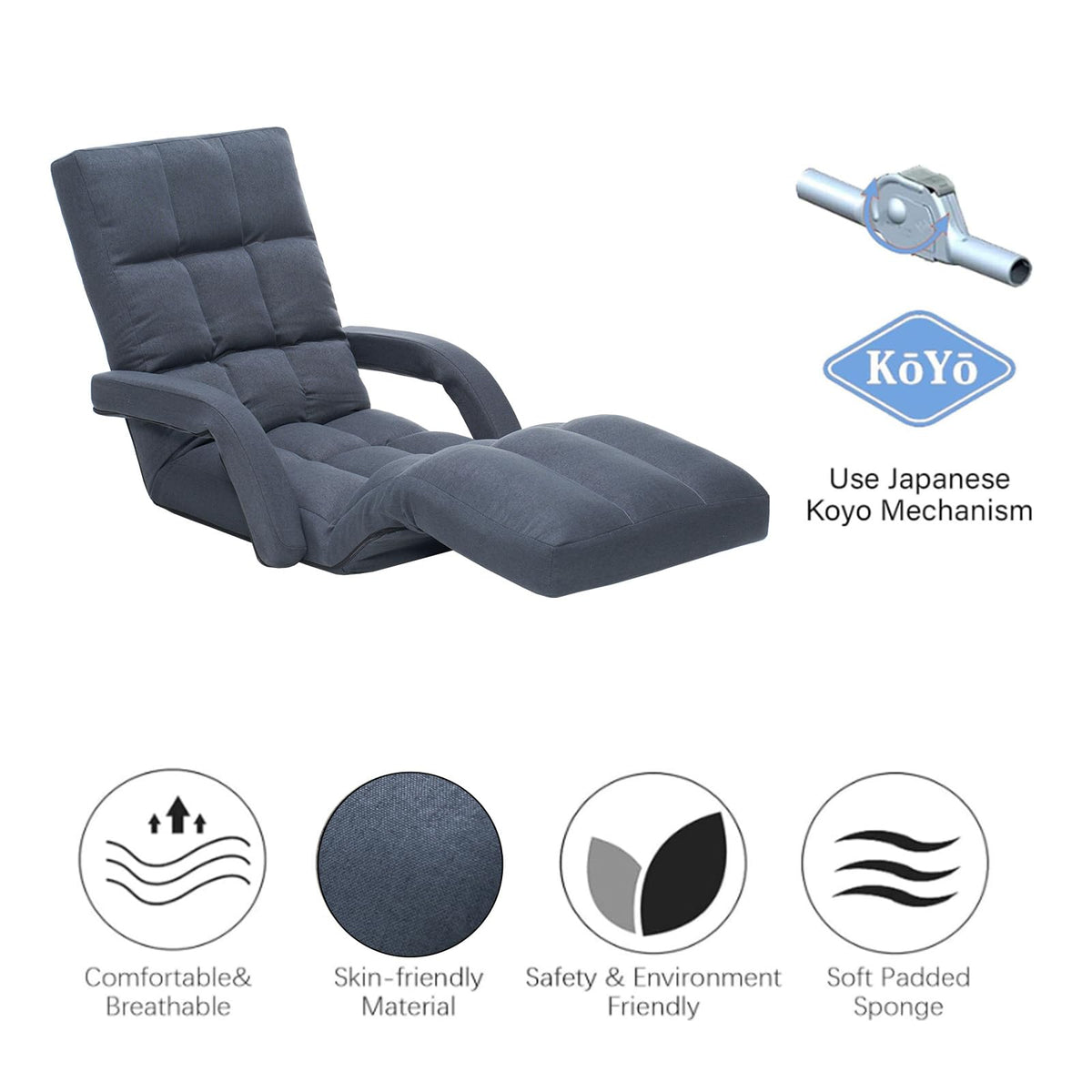 Adjustable Floor Gaming Chair with Footrest, 14-Position Backrest
