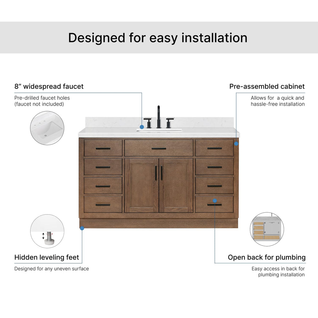 ARIEL Hepburn 60-inch Bathroom Vanity with Sink,Solid Wood, 1.5-inch Carrara White Quartz Countertop & Backsplash, Single Rectangular Porcelain Sink, 2 Soft Closing Doors, 9 Dovetail Drawers, Black