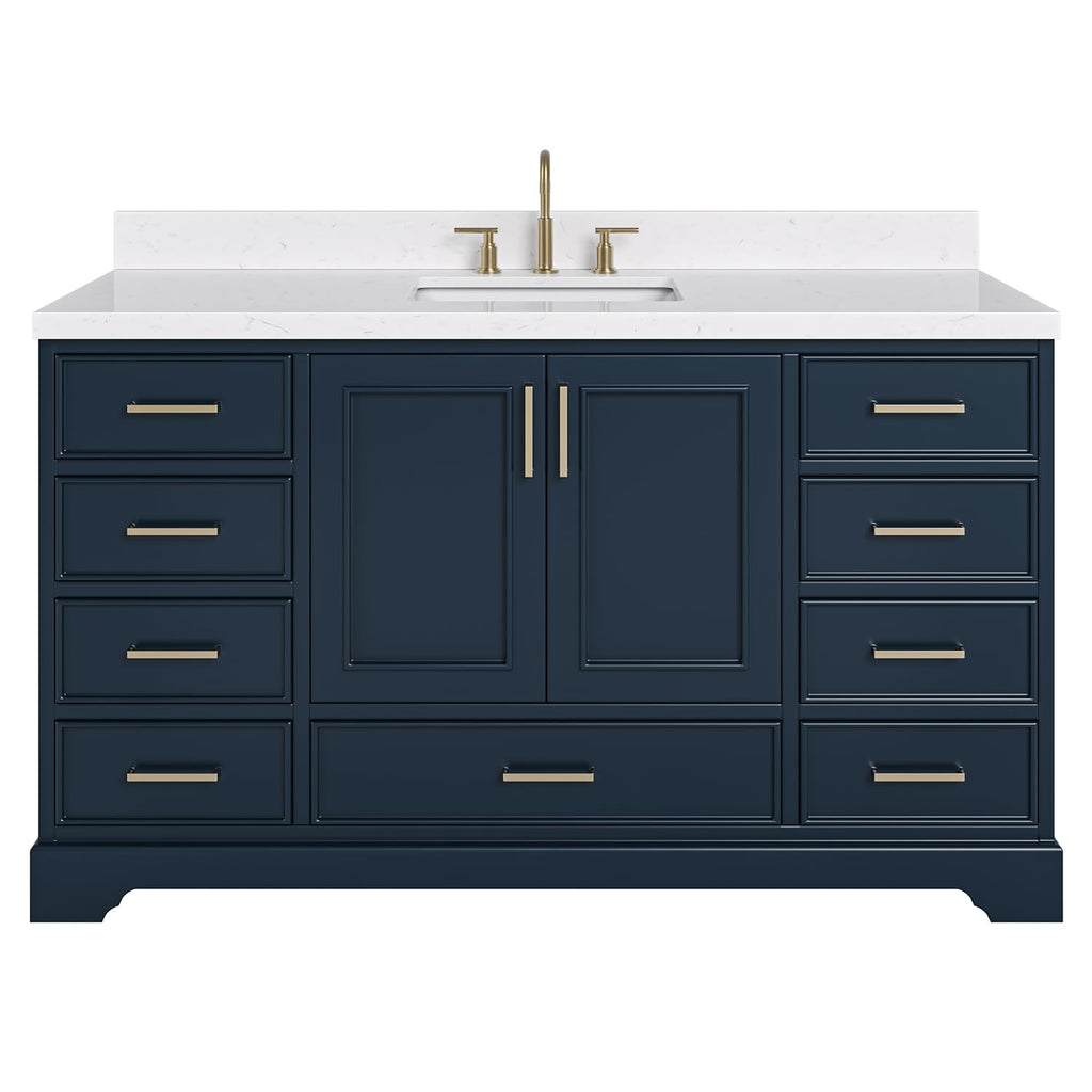 DKB Isabella 60 Inch Bathroom Vanity Single Sink â White Bathroom Vanity with Sink, 1.5" Edge Carrara White Quartz Countertop, Solid Wood, 2 Soft-Close Doors, 8 Dovetail Drawers + Tilt Drawer