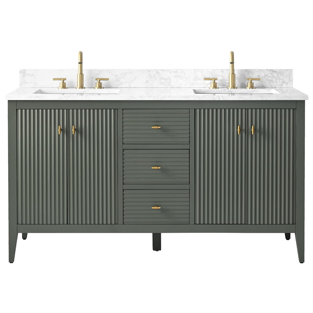 Vanity Art 84 inch Bathroom Vanity with Double Sink & Ceramic Top, Vanity Cabinet with Soft-Closing Door, Solid Wood Frame, Linear Pattern, Walnut, Golden Brushed Handware,Vintage Green