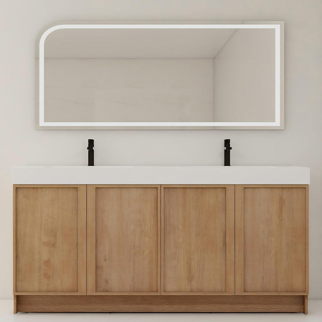 70" Double Sink Bathroom Vanity with Resin Basin, Faux Oak Finish