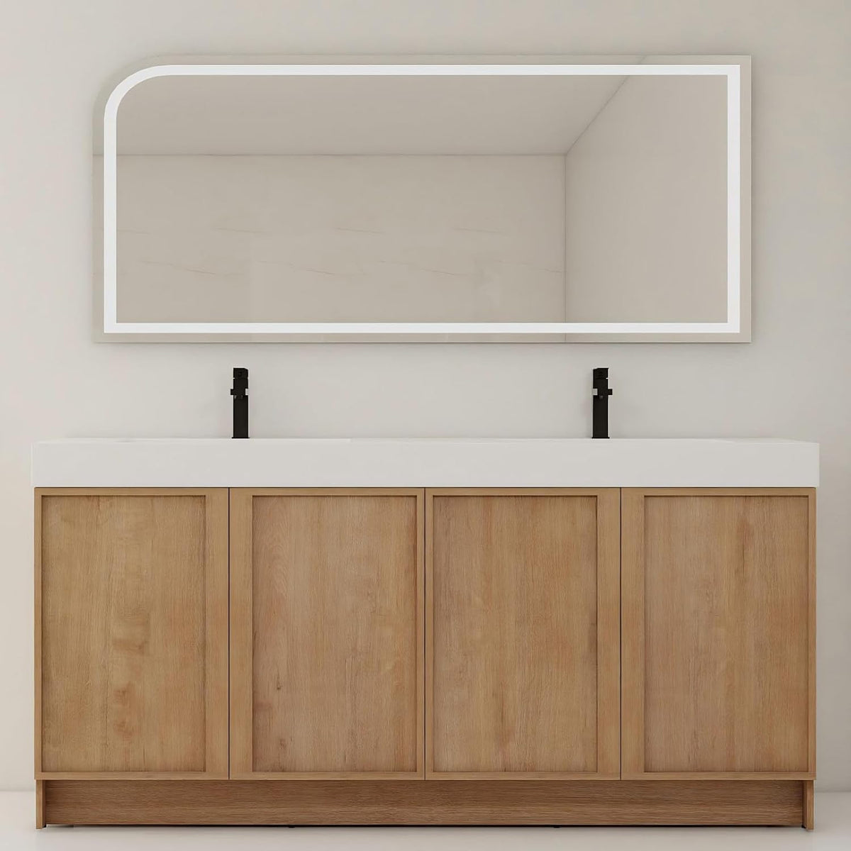 70" Double Sink Bathroom Vanity with Resin Basin, Faux Oak Finish