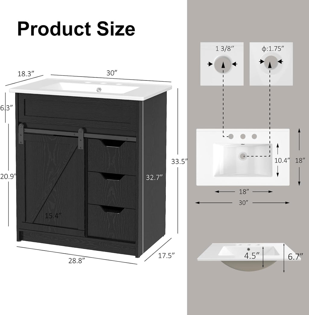 30" Bathroom Vanity with Sink, Sliding Barn Door & 3 Drawers