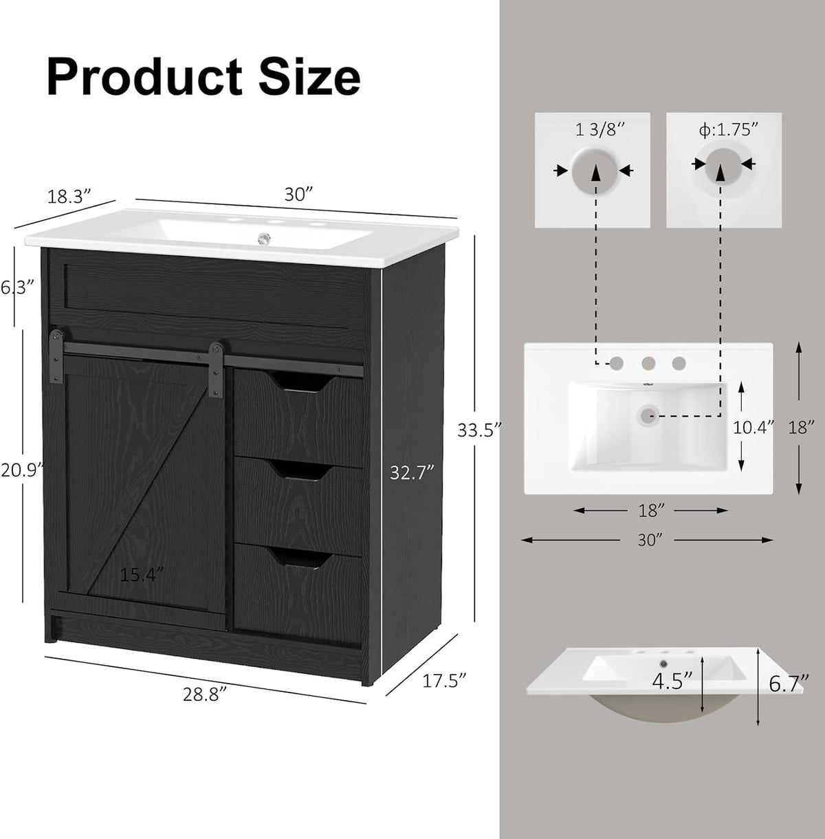 30" Bathroom Vanity with Sink, Sliding Barn Door & 3 Drawers