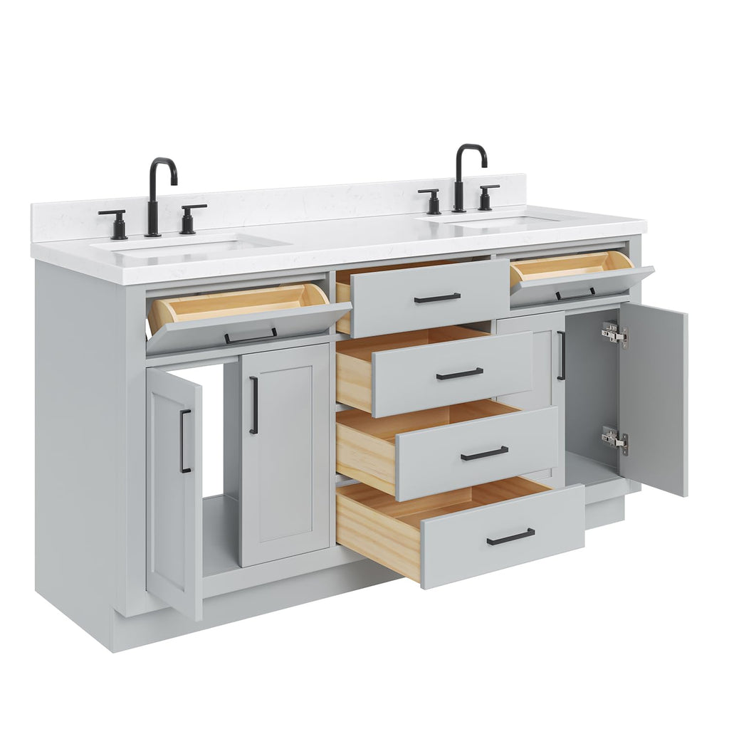 DKB Isabella 66" White Double Bathroom Vanity with 1.5" Carrara Quartz Countertop, Double Rectangular Undermount Sinks, 4 Soft Closing Doors, 6 Dovetail Drawers
