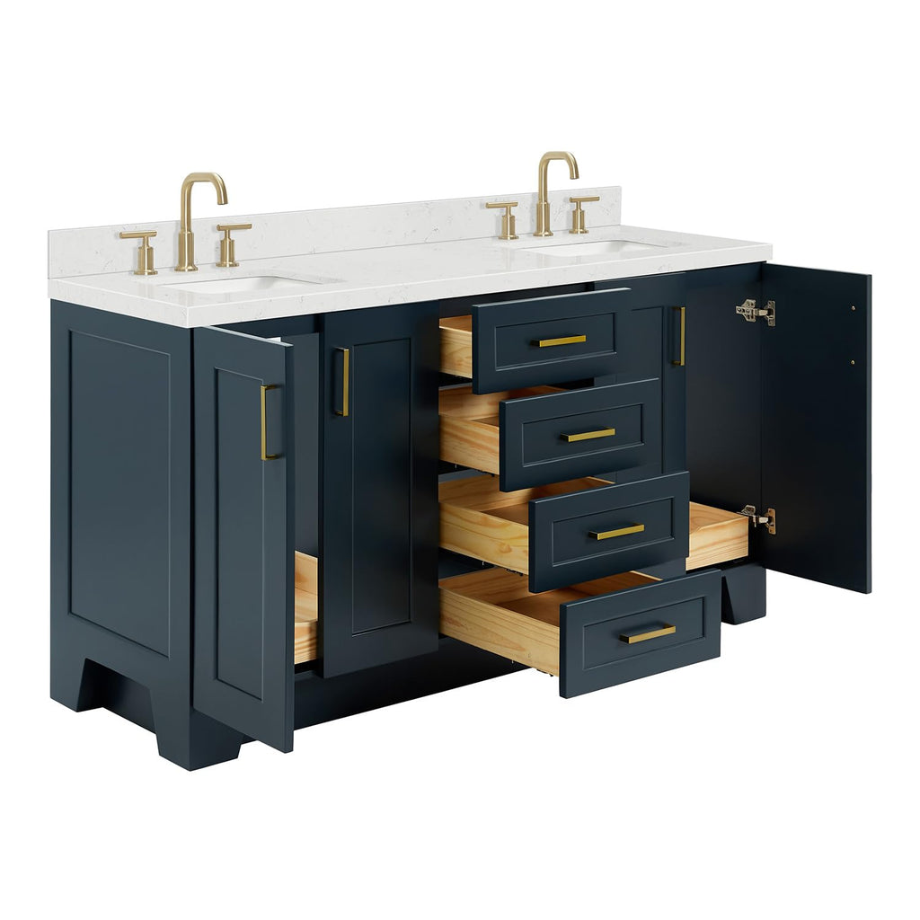 DKB Isabella 66" White Double Bathroom Vanity with 1.5" Carrara Quartz Countertop, Double Rectangular Undermount Sinks, 4 Soft Closing Doors, 6 Dovetail Drawers