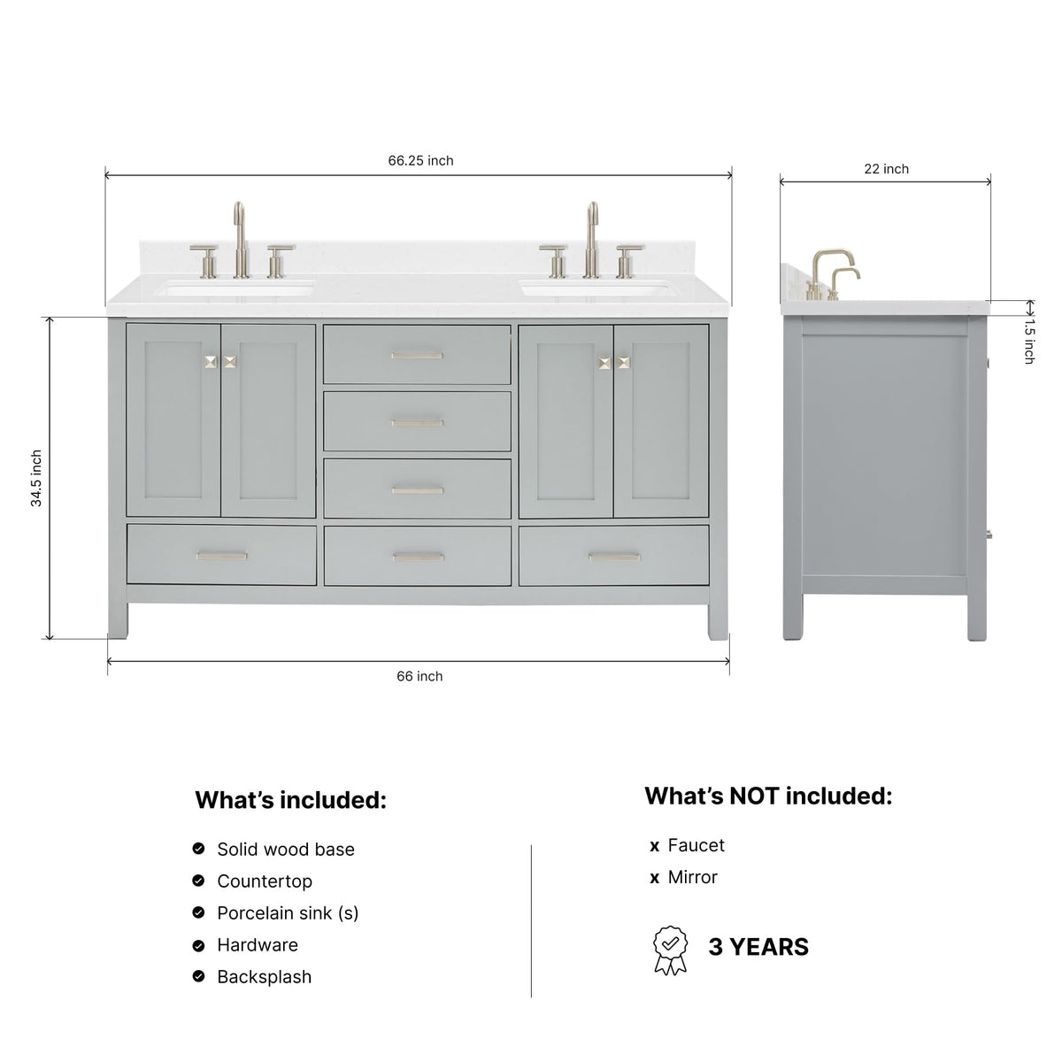 DKB Isabella 66" White Double Bathroom Vanity with 1.5" Carrara Quartz Countertop, Double Rectangular Undermount Sinks, 4 Soft Closing Doors, 6 Dovetail Drawers
