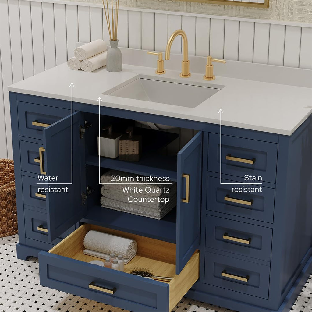 Ayna Decors Maya 72 Inch Double Vanity with Sink and Pre Drilled Faucet Holes Quartz Top in Charcoal Grey, Freestanding Bathroom Vanities with Soft Close Doors and Drawers - Brushed Gold Hardware