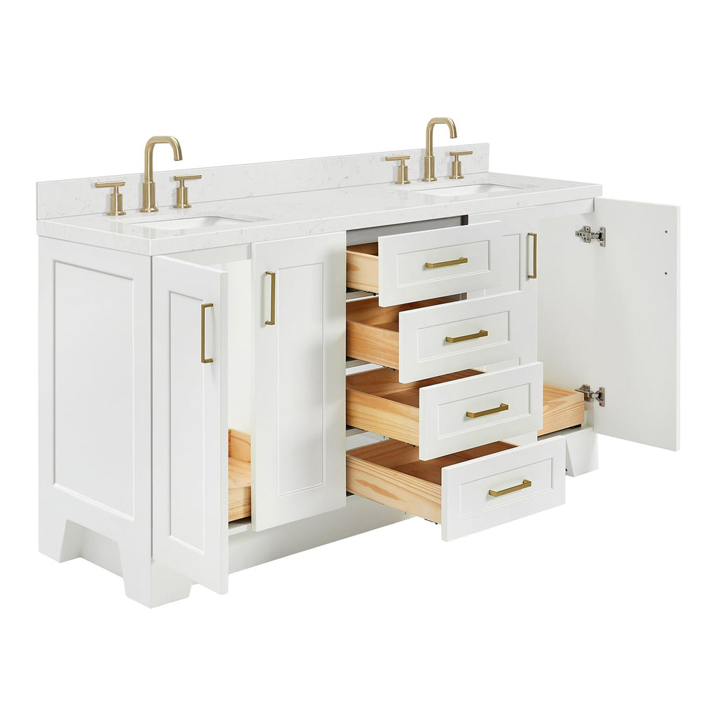DKB Isabella 66" White Double Bathroom Vanity with 1.5" Carrara Quartz Countertop, Double Rectangular Undermount Sinks, 4 Soft Closing Doors, 6 Dovetail Drawers