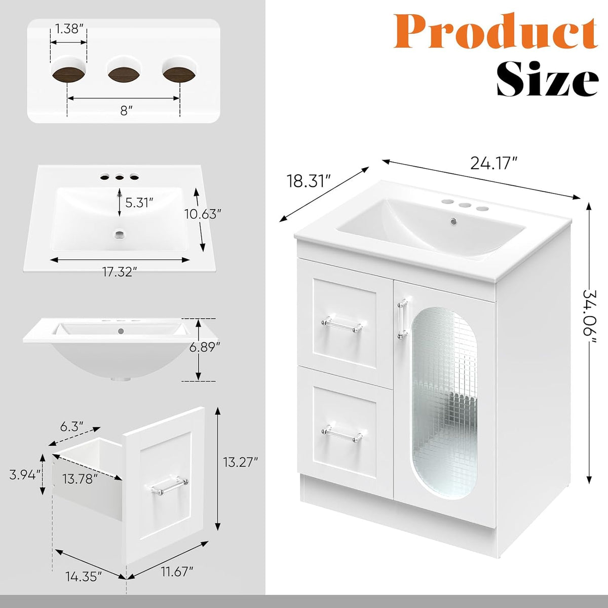 DUMOS 24" Modern Bathroom Vanity with Durable Ceramic Basin