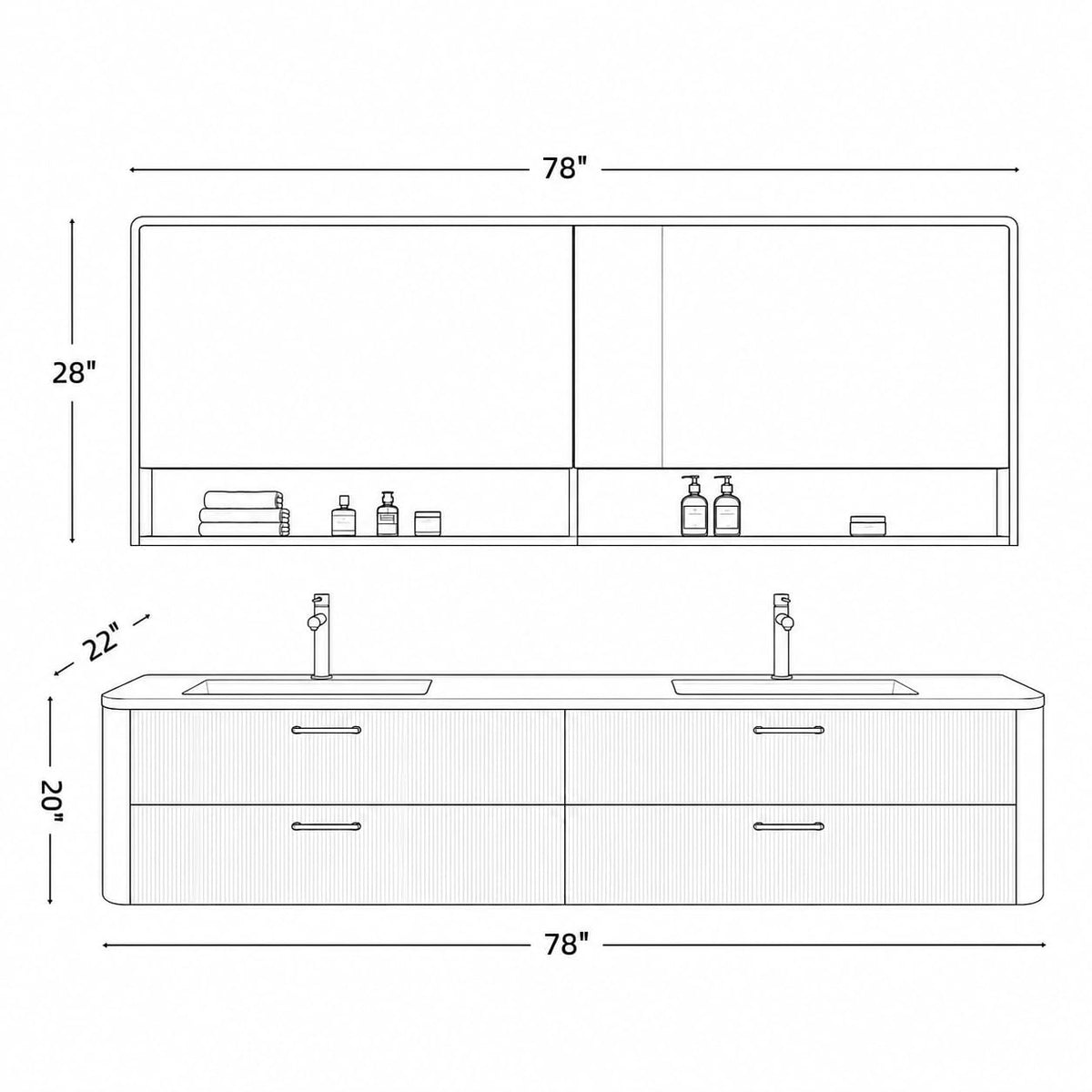 96 in Floating Double Bathroom Vanity with Sinks & LED Mirrors