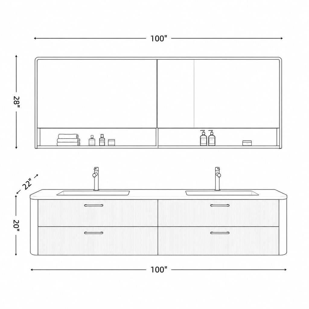 52 in Floating Double Bathroom Vanity with Vessel Sinks & LED Mirror Cabinet