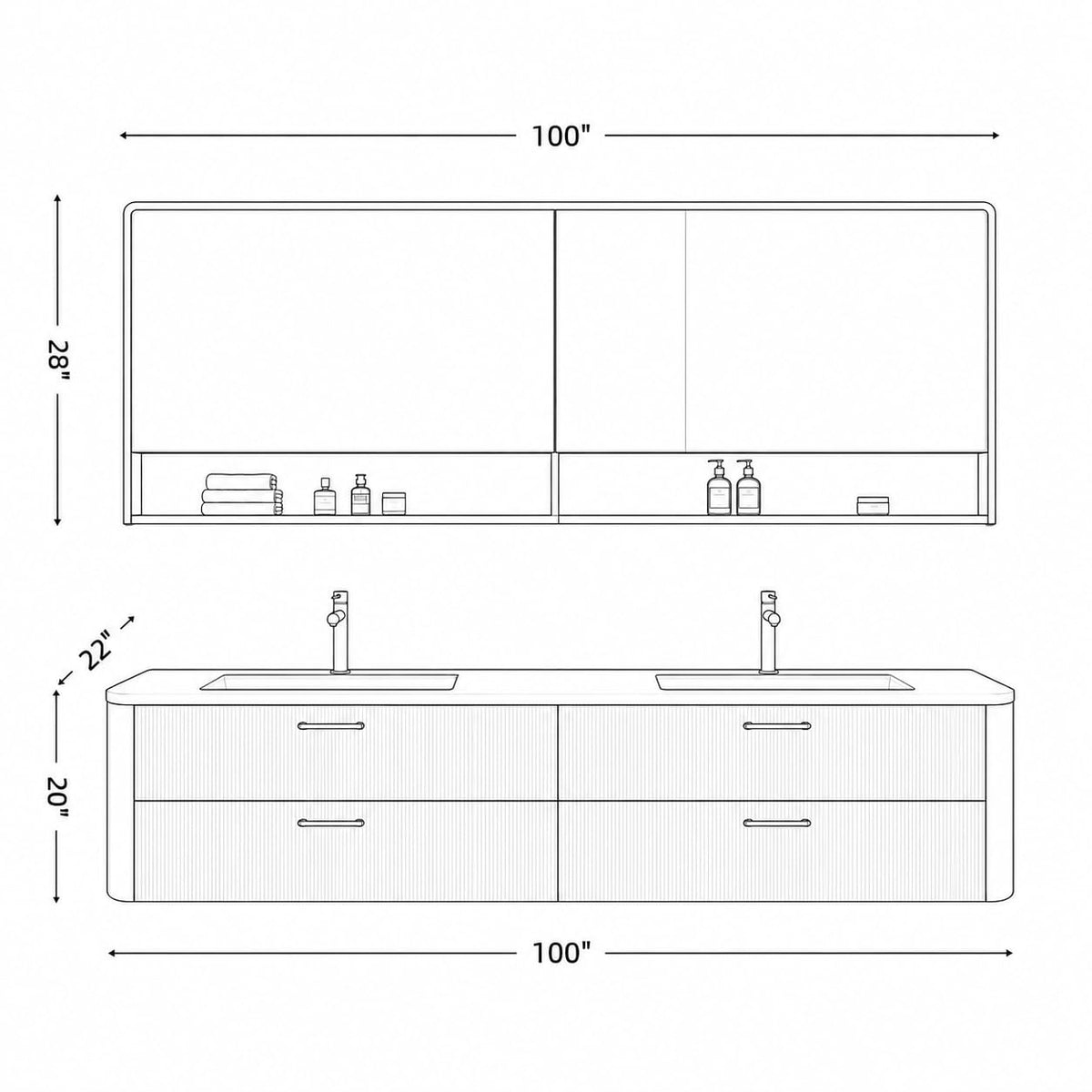 52 in Floating Double Bathroom Vanity with Vessel Sinks & LED Mirror Cabinet