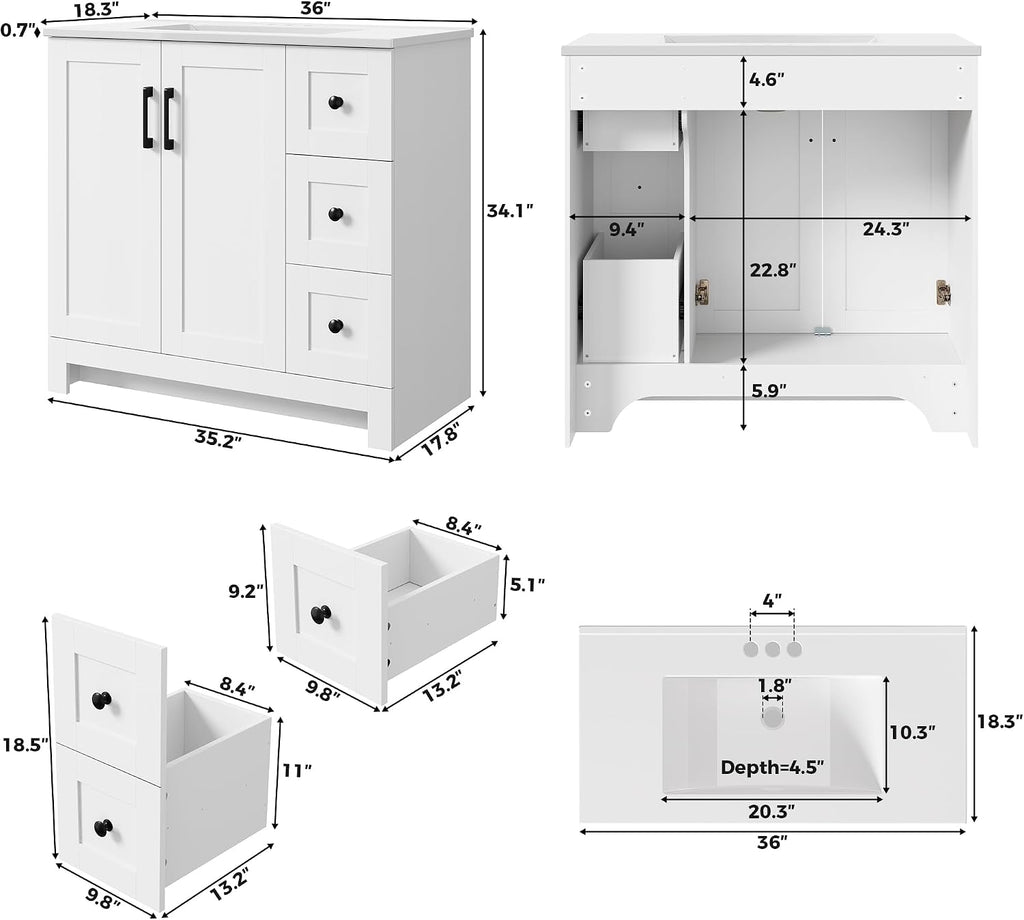 LIKIMIO 36" Bathroom Vanity with Sink, 2 Soft-Close Drawers & Doors, White