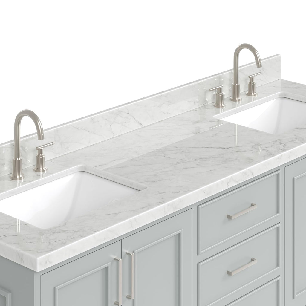 DKB Isabella 72" Oak Double Bathroom Vanity with Sink, 1.5" Carrara White Marble Countertop, Rectangle Undermount Sinks, 4 Soft Closing Doors, 6 Dovetail Drawers