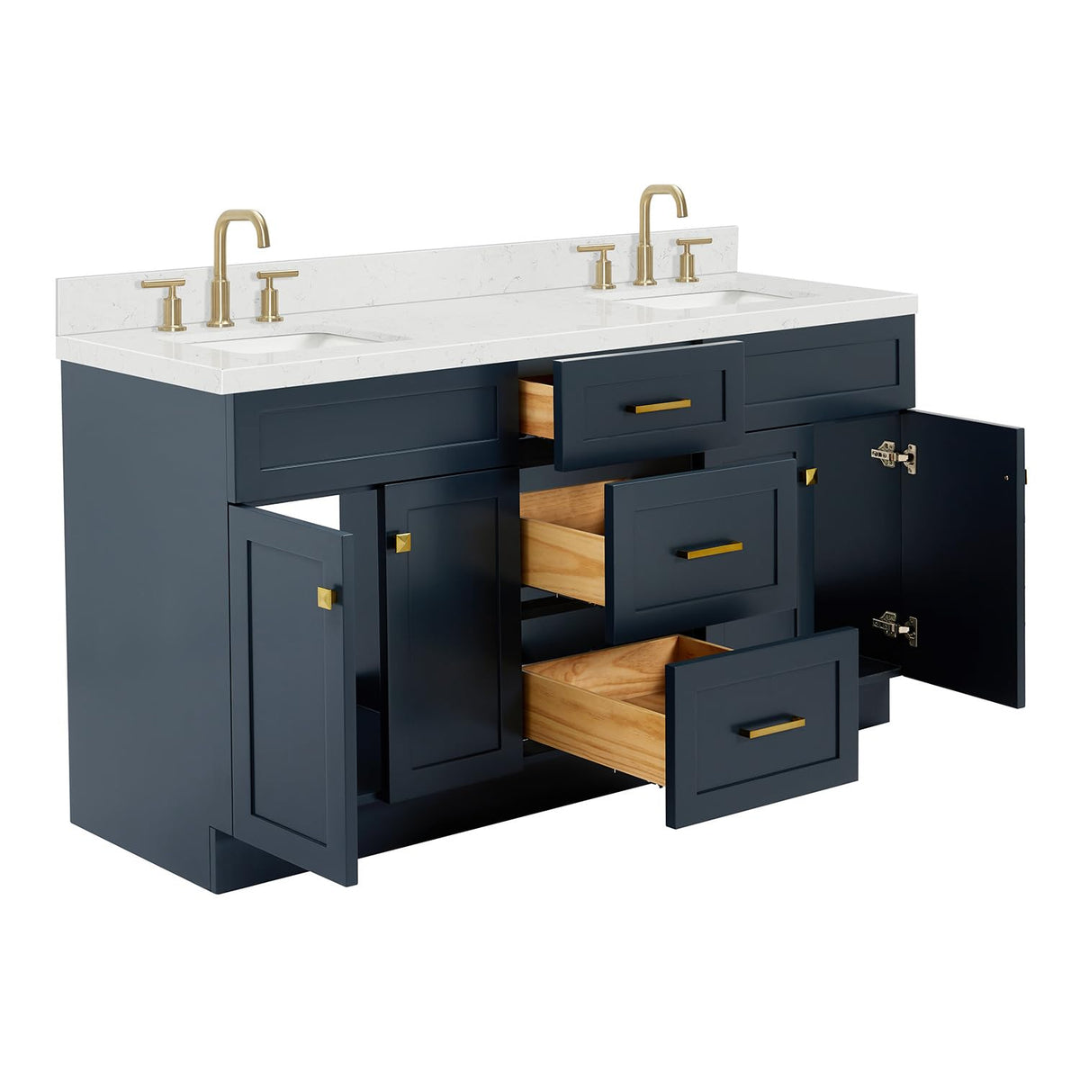 DKB Isabella 66" White Double Bathroom Vanity with 1.5" Carrara Quartz Countertop, Double Rectangular Undermount Sinks, 4 Soft Closing Doors, 6 Dovetail Drawers