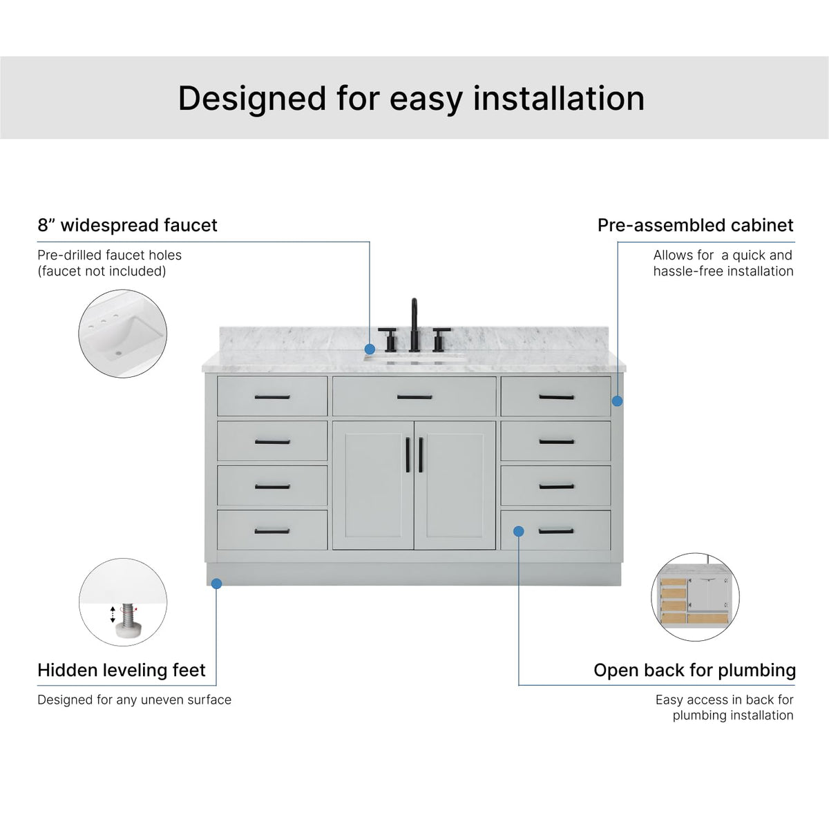 ARIEL Hepburn 66-inch Bathroom Vanity with Sink,Solid Wood, 1.5-inch Pure White Quartz Countertop & Backsplash, Single Rectangular Porcelain Sink, 2 Soft Closing Doors, 9 Dovetail Drawers, White