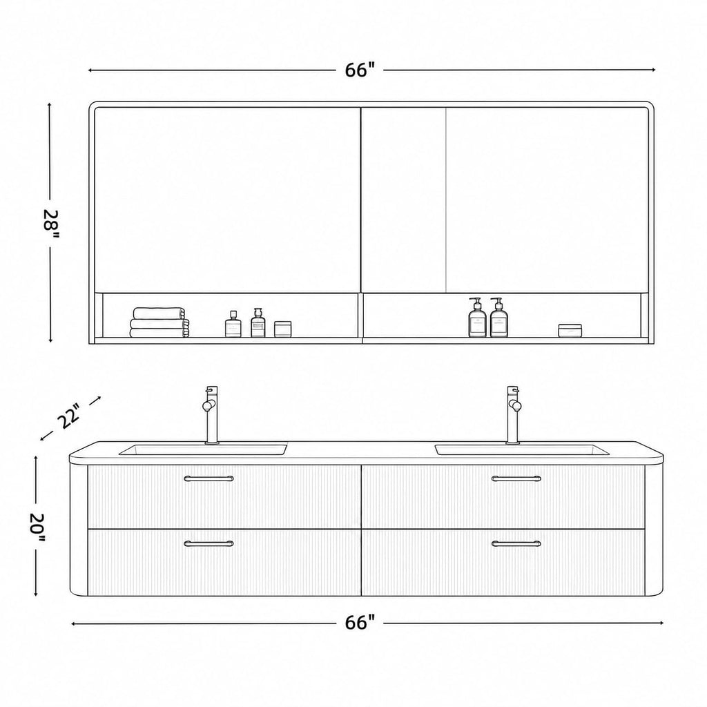 96 in Floating Double Bathroom Vanity with Sinks & LED Mirrors