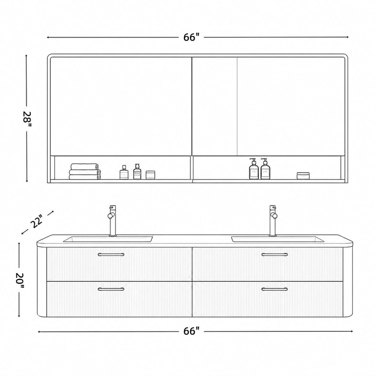 96 in Floating Double Bathroom Vanity with Sinks & LED Mirrors