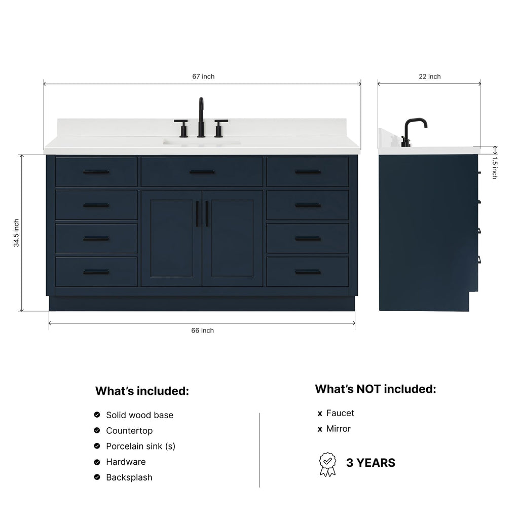 ARIEL Hepburn 66-inch Bathroom Vanity with Sink,Solid Wood, 1.5-inch Pure White Quartz Countertop & Backsplash, Single Rectangular Porcelain Sink, 2 Soft Closing Doors, 9 Dovetail Drawers, White