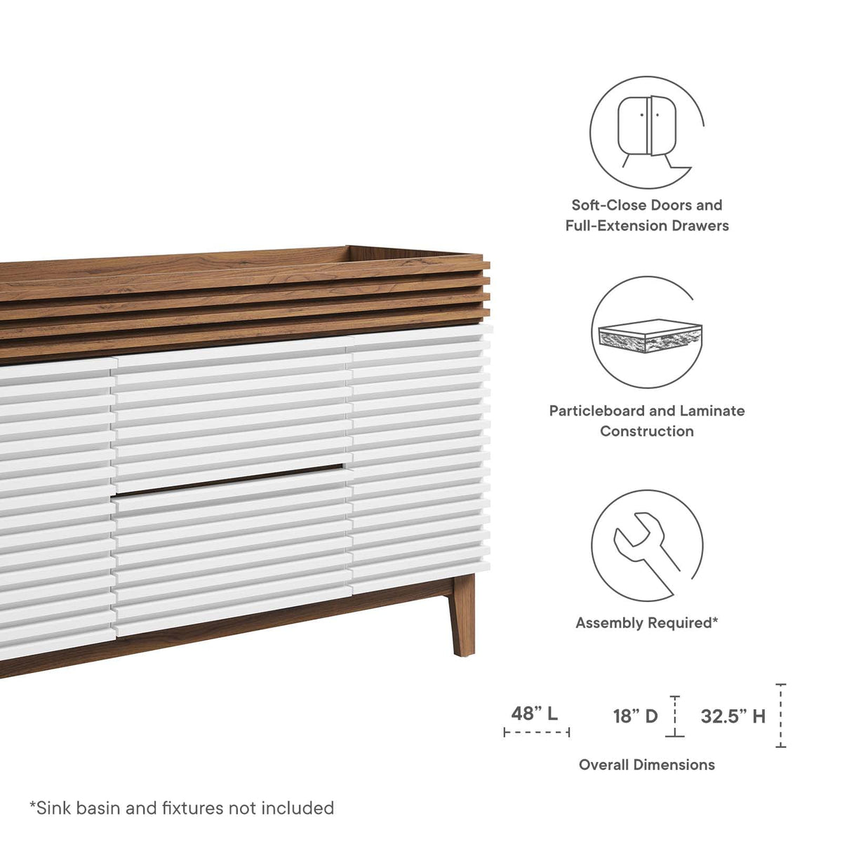 Modway Render Mid-Century Bathroom Vanity With Sink in Walnut White,24 Inch