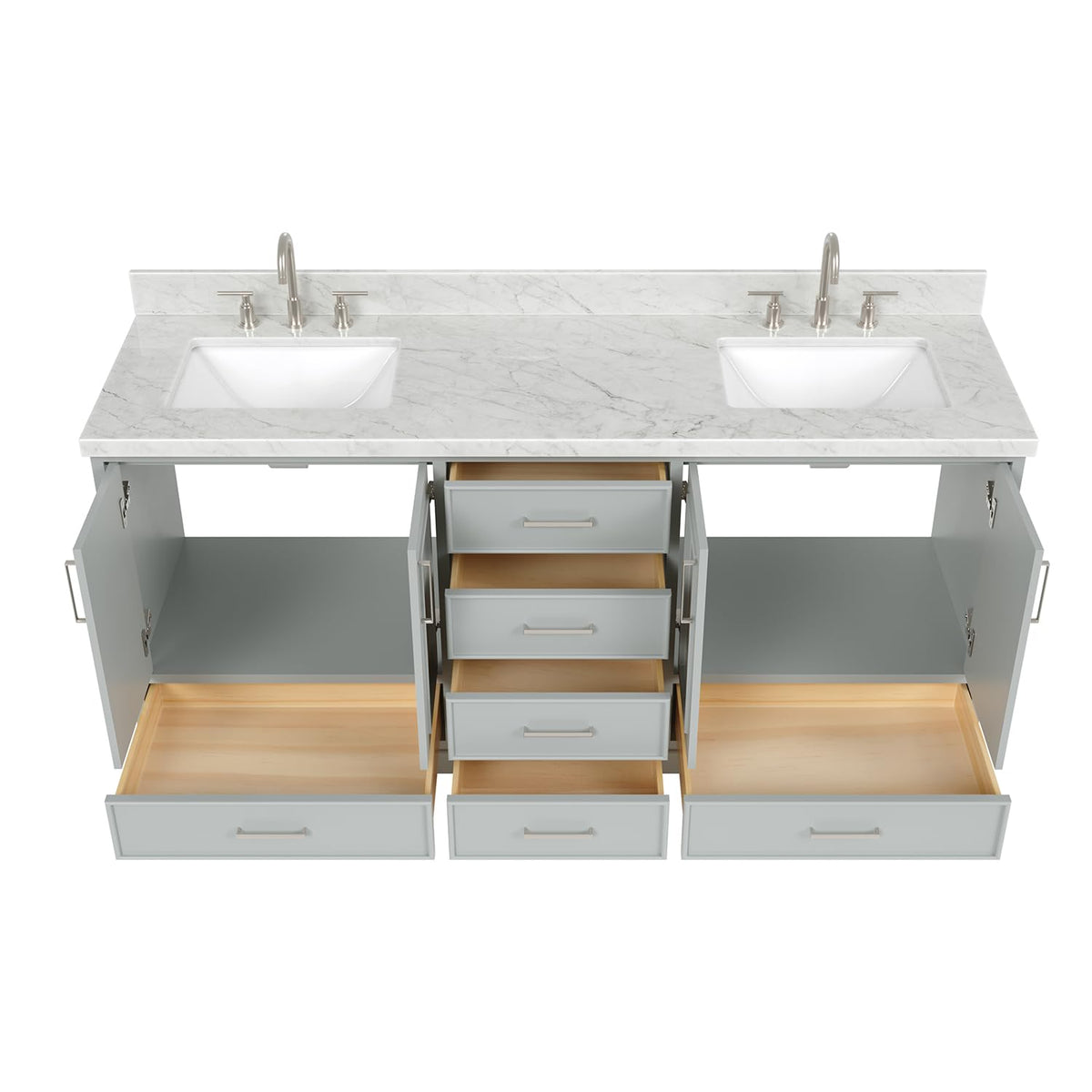 DKB Isabella 72" Oak Double Bathroom Vanity with Sink, 1.5" Carrara White Marble Countertop, Rectangle Undermount Sinks, 4 Soft Closing Doors, 6 Dovetail Drawers