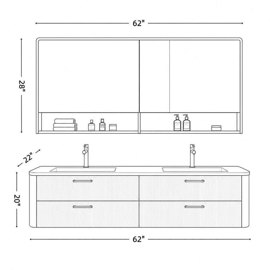 52 in Floating Double Bathroom Vanity with Vessel Sinks & LED Mirror Cabinet