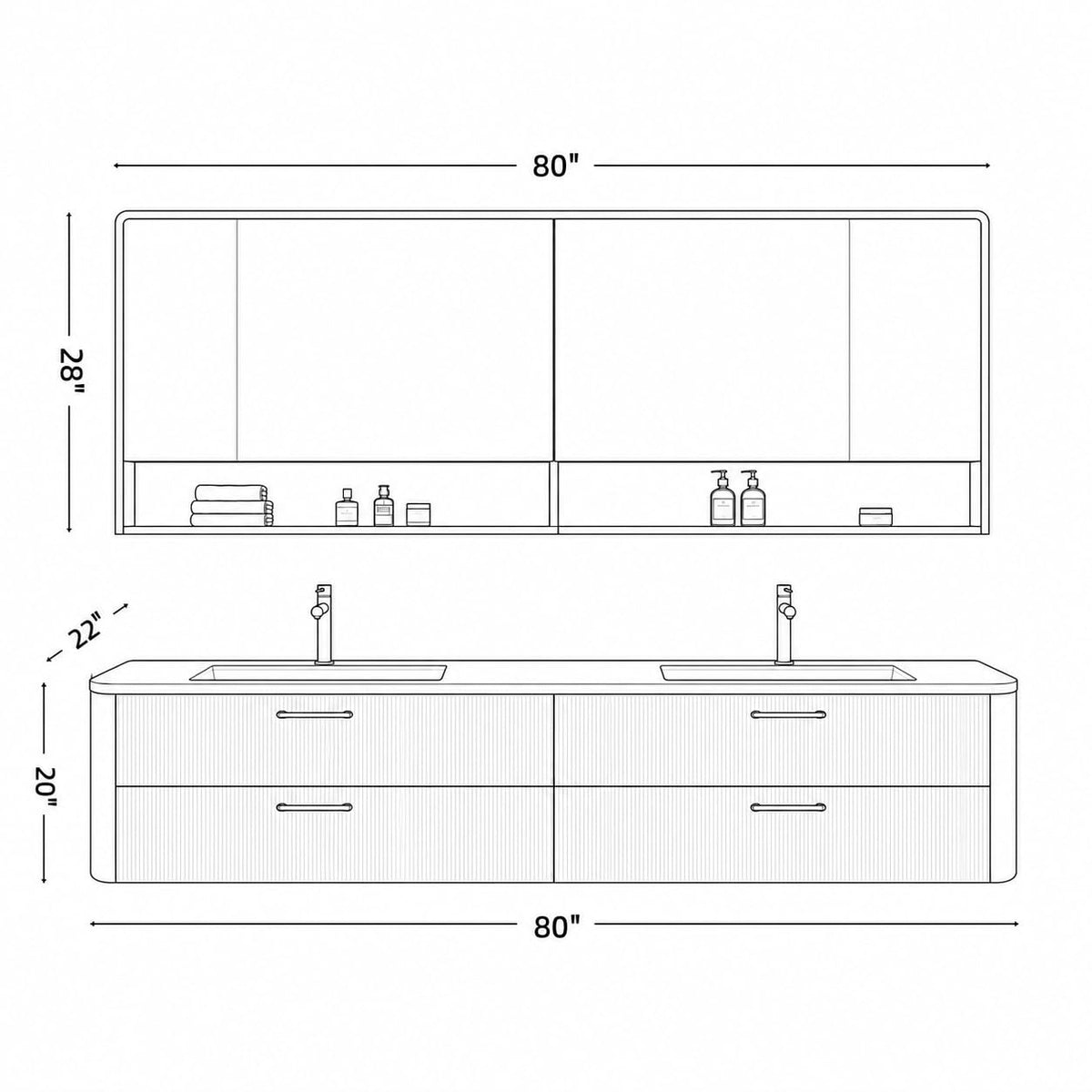 96 in Floating Double Bathroom Vanity with Sinks & LED Mirrors