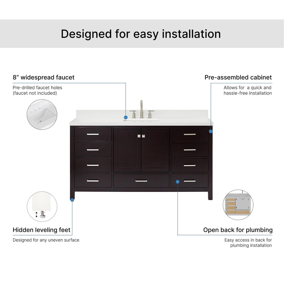 ARIEL Cambridge 66-inch Bathroom Vanity with Sink,Solid Wood, 1.5-inch Italian Carrara Marble Countertop, Single Rectangular Porcelain Sink, 2 Soft Closing Doors, 9 Dovetail Drawers, Midnight Blue