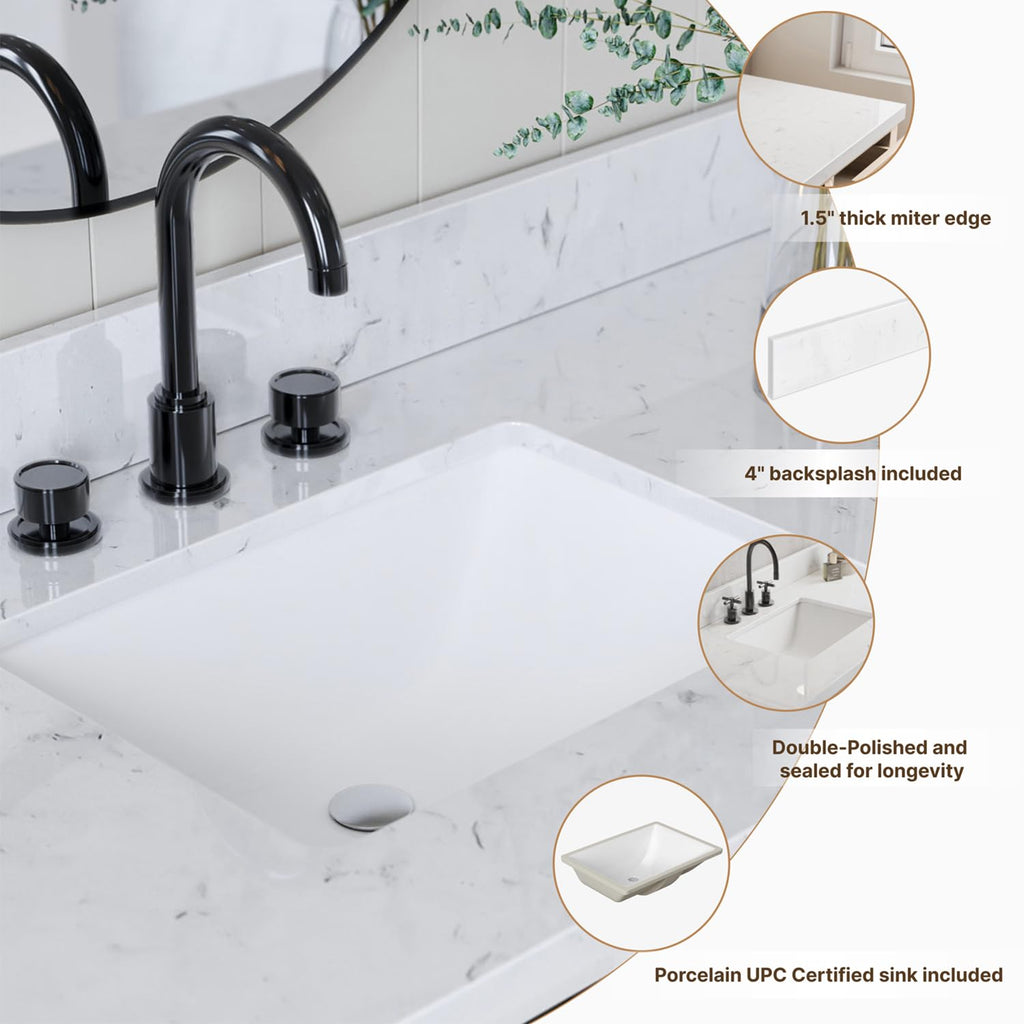 DKB Emilia 72 Inch Bathroom Vanity Double Sink â White Bathroom Vanity with Sink, 1.5" Edge Carrara White Quartz Countertop & Backsplash, 4 Soft-Close Doors, and 6 Dovetail Drawers