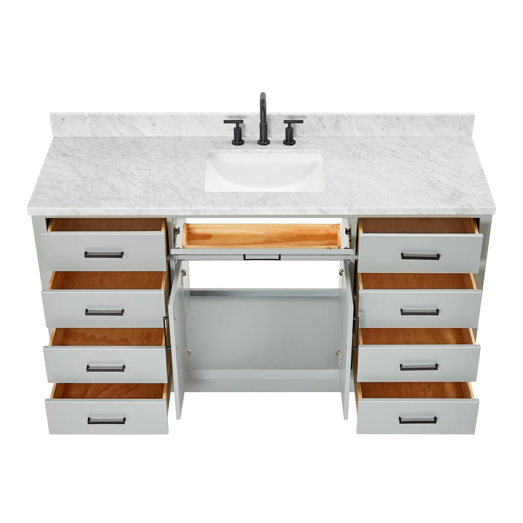 ARIEL Hepburn 66-inch Bathroom Vanity with Sink,Solid Wood, 1.5-inch Pure White Quartz Countertop & Backsplash, Single Rectangular Porcelain Sink, 2 Soft Closing Doors, 9 Dovetail Drawers, White