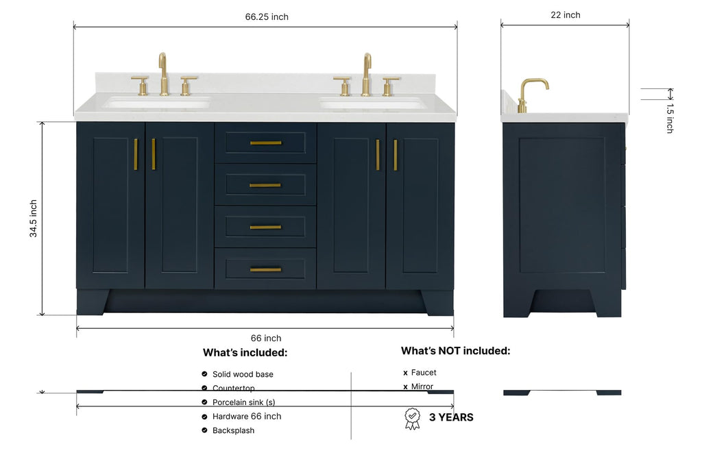 DKB Isabella 66" White Double Bathroom Vanity with 1.5" Carrara Quartz Countertop, Double Rectangular Undermount Sinks, 4 Soft Closing Doors, 6 Dovetail Drawers
