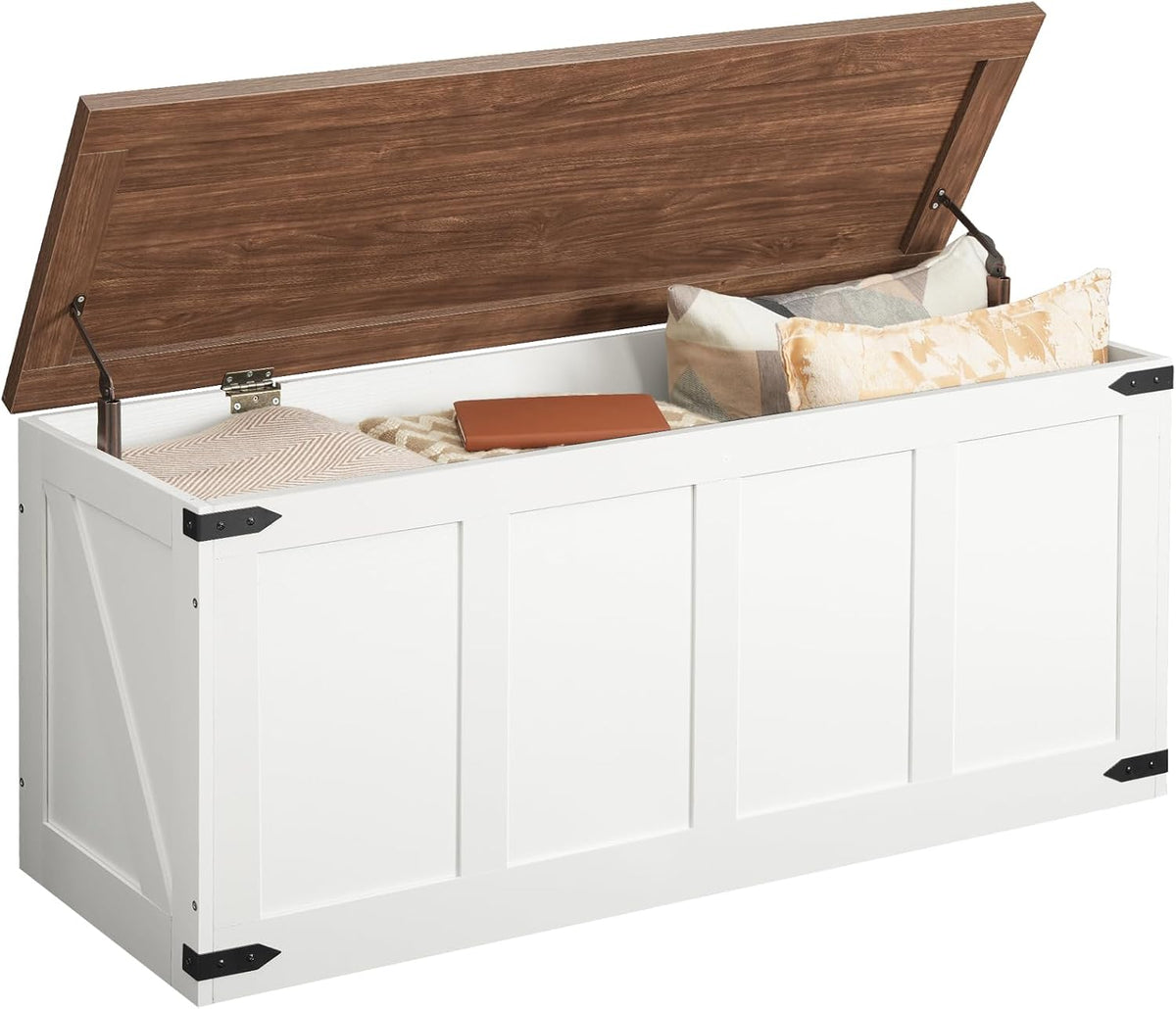 HOOBRO 47.2âStorage Bench Large, Toy Box with 2 Safety Hinges, Farmhouse Wooden Storage Chest, Easy Assembly for Bedroom, Living Room, Entryway, White and Walnut WH520CW01