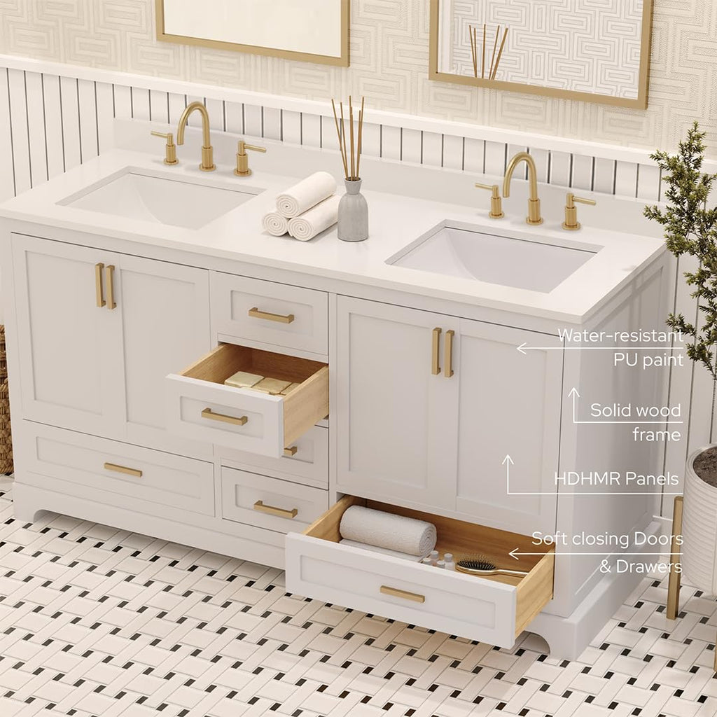 Ayna Decors Maya 72 Inch Double Vanity with Sink and Pre Drilled Faucet Holes Quartz Top in Charcoal Grey, Freestanding Bathroom Vanities with Soft Close Doors and Drawers - Brushed Gold Hardware