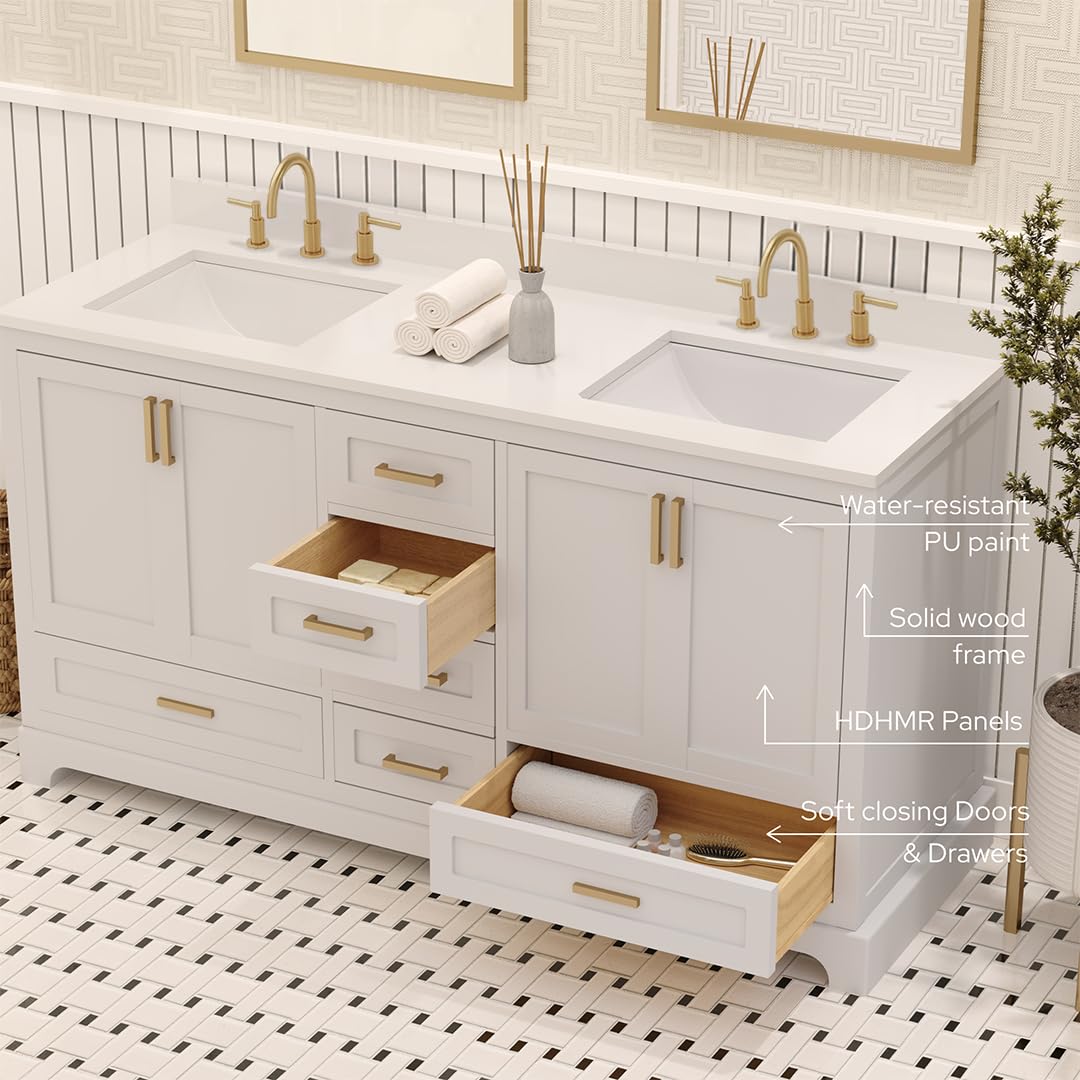 Ayna Decors Maya 72 Inch Double Vanity with Sink and Pre Drilled Faucet Holes Quartz Top in Charcoal Grey, Freestanding Bathroom Vanities with Soft Close Doors and Drawers - Brushed Gold Hardware