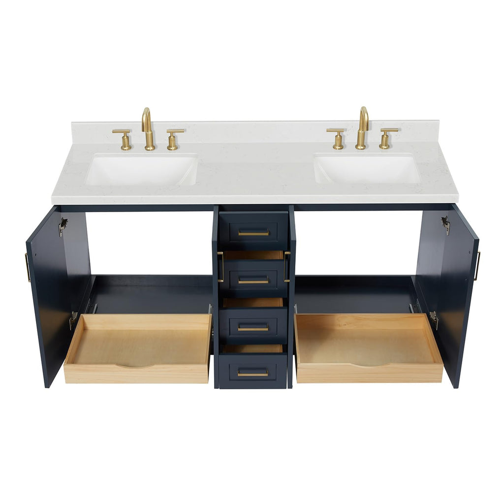 DKB Emilia 72 Inch Bathroom Vanity Double Sink â White Bathroom Vanity with Sink, 1.5" Edge Carrara White Quartz Countertop & Backsplash, 4 Soft-Close Doors, and 6 Dovetail Drawers
