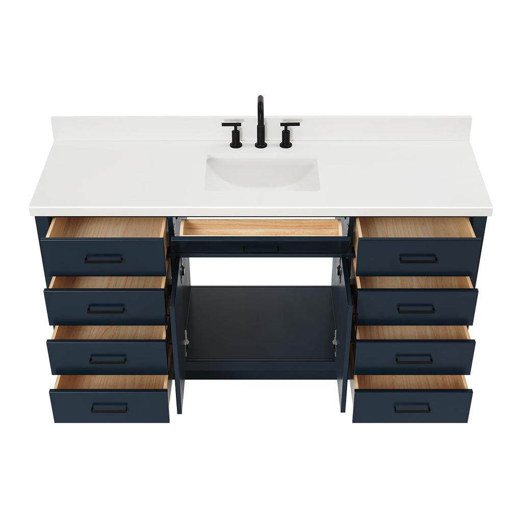 ARIEL Hepburn 66-inch Bathroom Vanity with Sink,Solid Wood, 1.5-inch Pure White Quartz Countertop & Backsplash, Single Rectangular Porcelain Sink, 2 Soft Closing Doors, 9 Dovetail Drawers, White