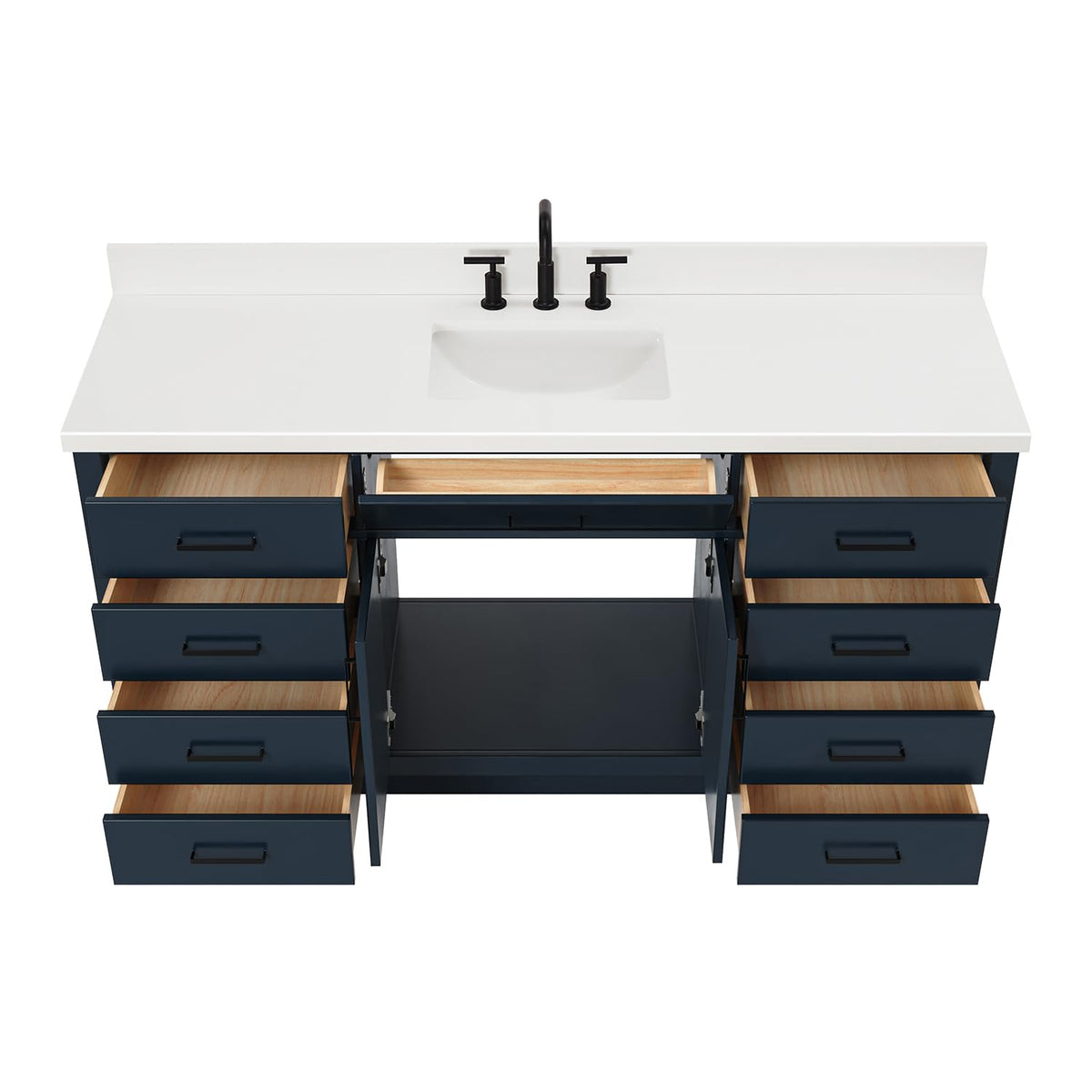 ARIEL Hepburn 66-inch Bathroom Vanity with Sink,Solid Wood, 1.5-inch Pure White Quartz Countertop & Backsplash, Single Rectangular Porcelain Sink, 2 Soft Closing Doors, 9 Dovetail Drawers, White