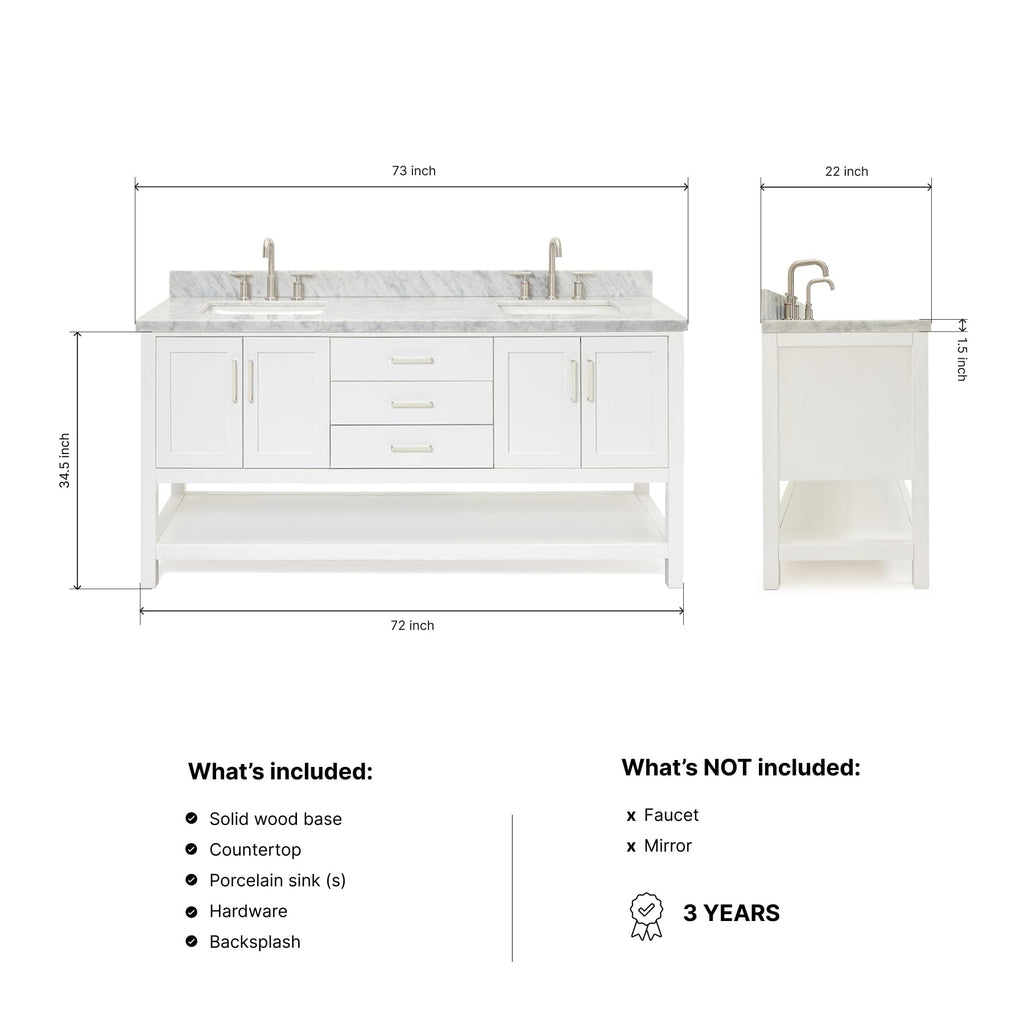 DKB Isabella 72" Oak Double Bathroom Vanity with Sink, 1.5" Carrara White Marble Countertop, Rectangle Undermount Sinks, 4 Soft Closing Doors, 6 Dovetail Drawers