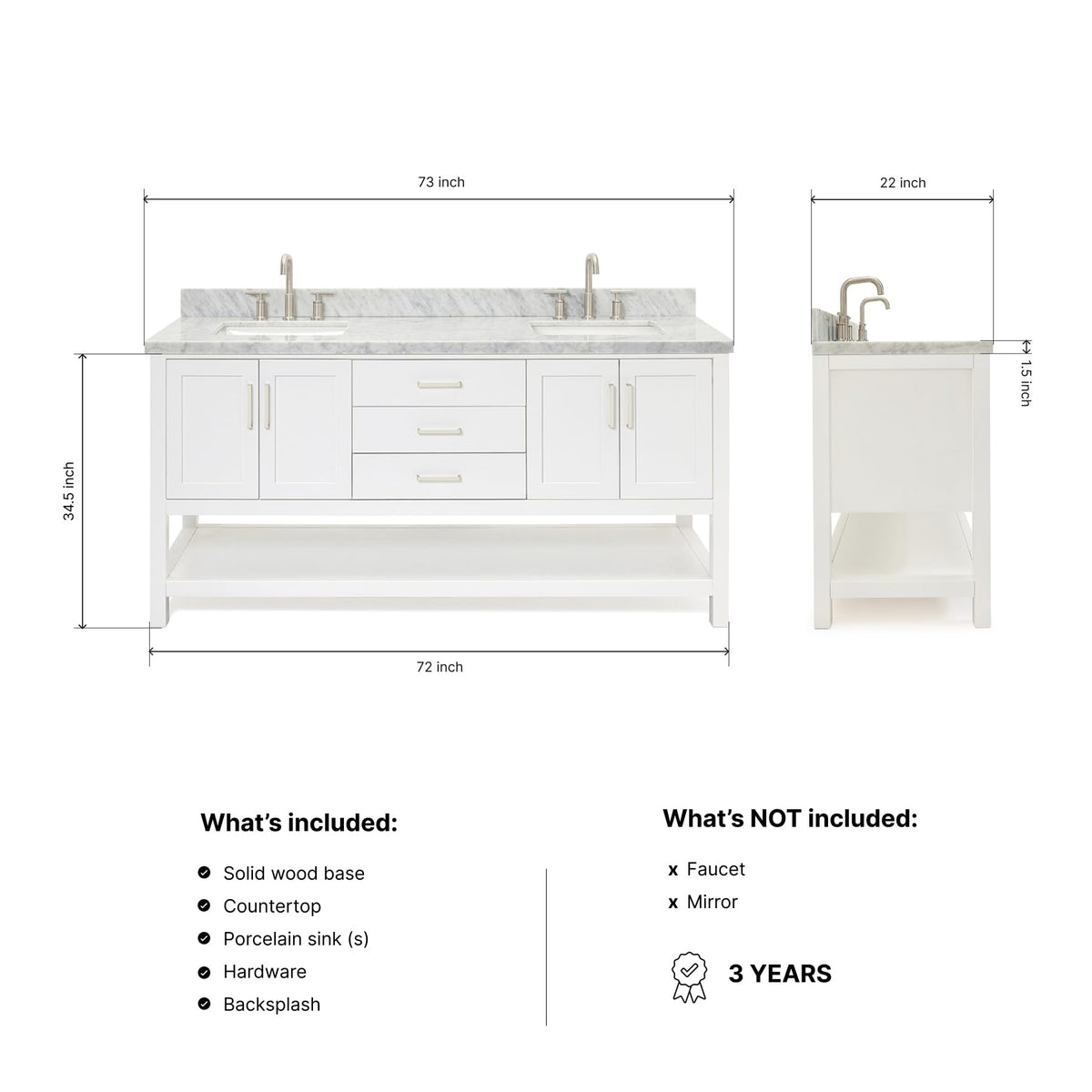 DKB Isabella 72" Oak Double Bathroom Vanity with Sink, 1.5" Carrara White Marble Countertop, Rectangle Undermount Sinks, 4 Soft Closing Doors, 6 Dovetail Drawers