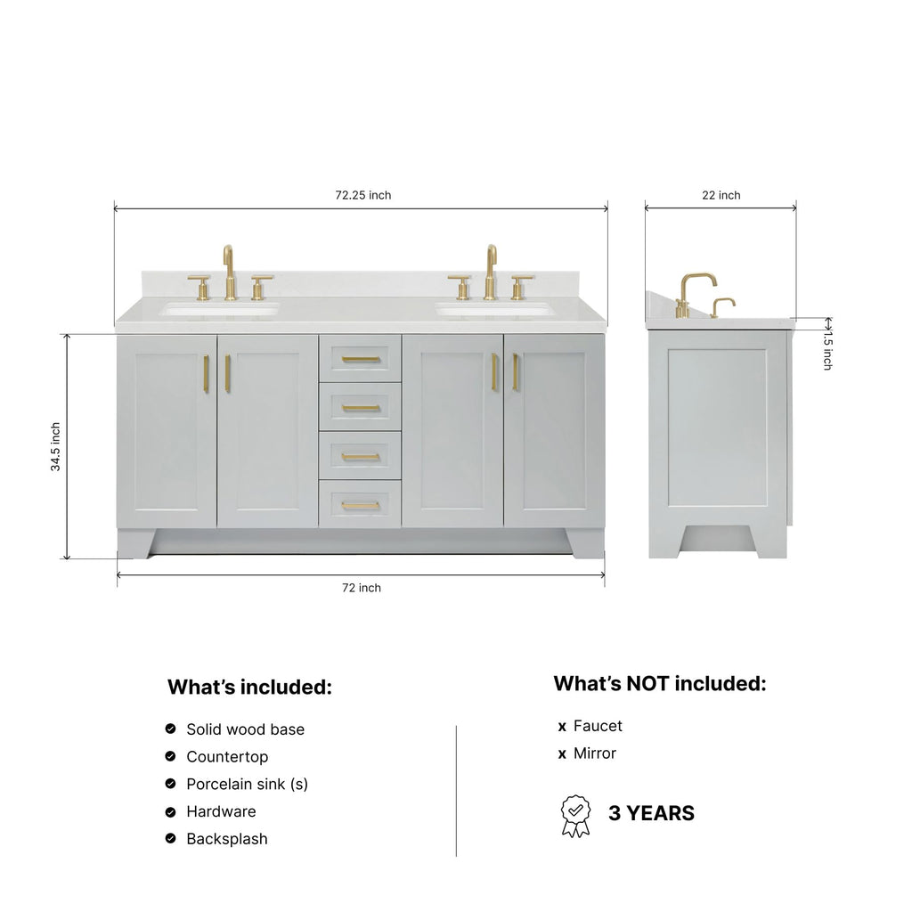 DKB Emilia 72 Inch Bathroom Vanity Double Sink â White Bathroom Vanity with Sink, 1.5" Edge Carrara White Quartz Countertop & Backsplash, 4 Soft-Close Doors, and 6 Dovetail Drawers